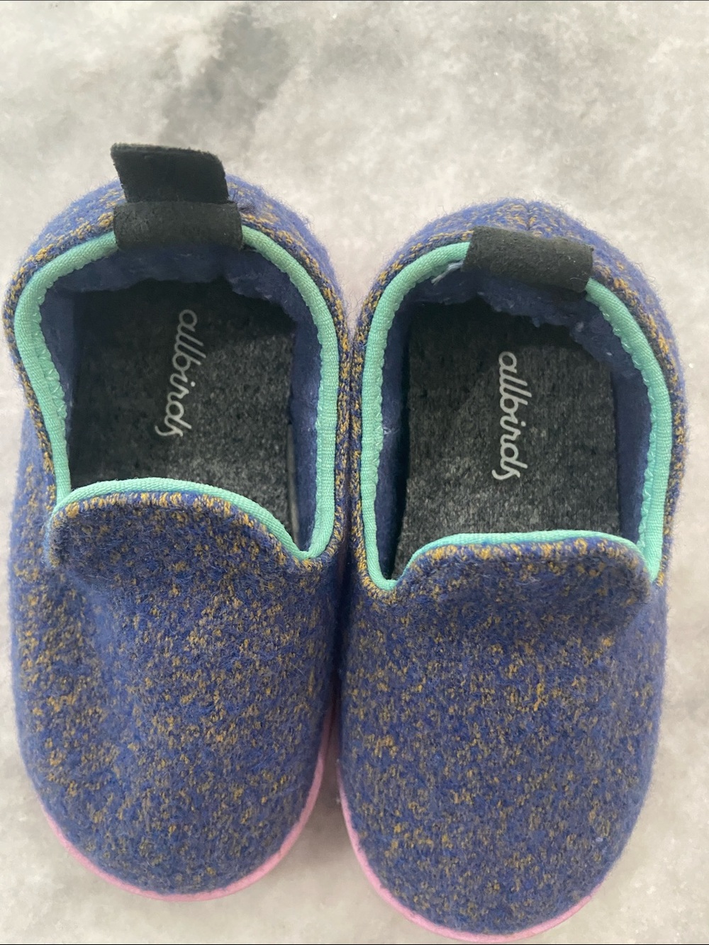 allbirds Kids Slip-On Wool Slippers in Blue with Mint Trim and Pink Soles